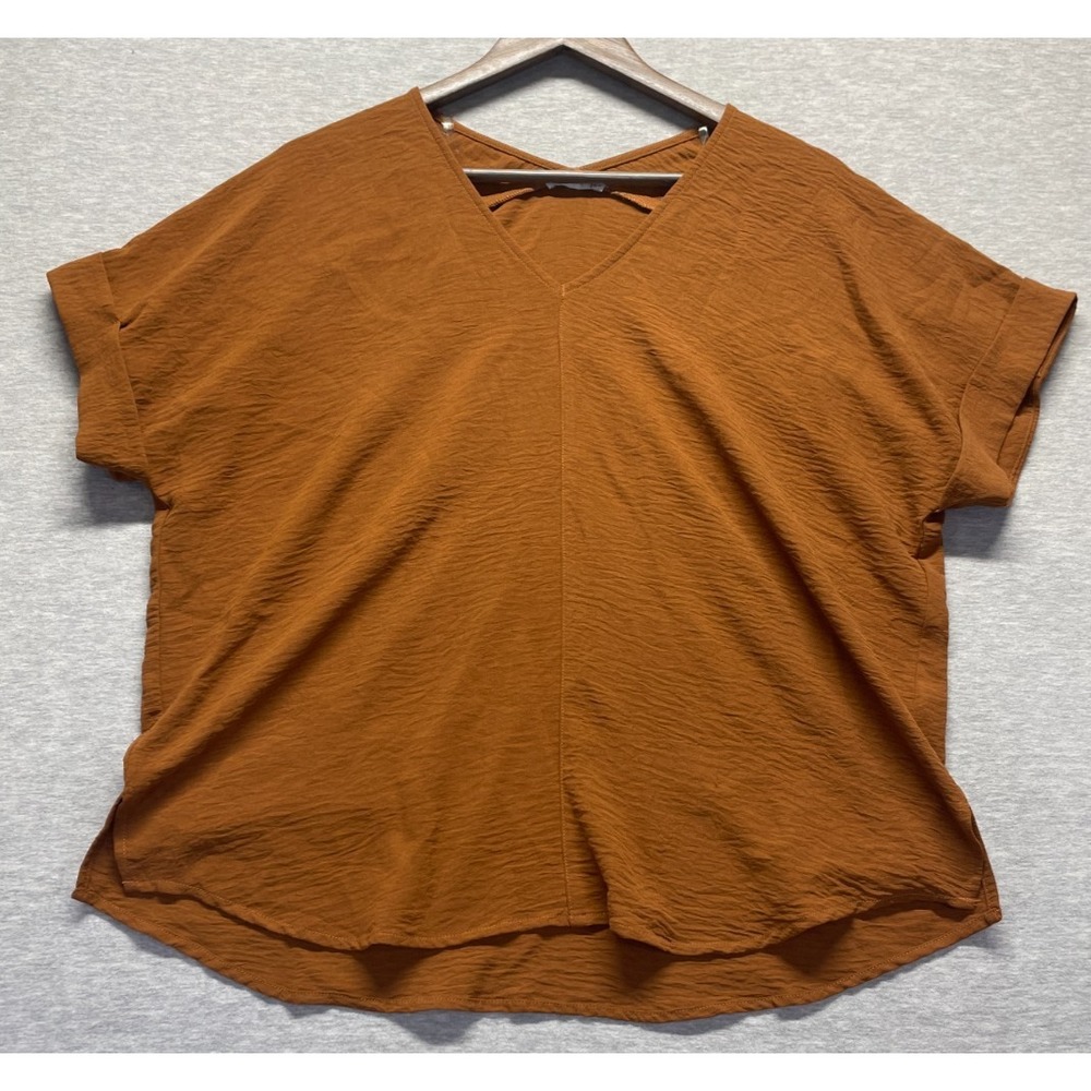Staccato Blouse Top Womens L Rust Orange Side Slit Lightweight V-Neck Pullover
